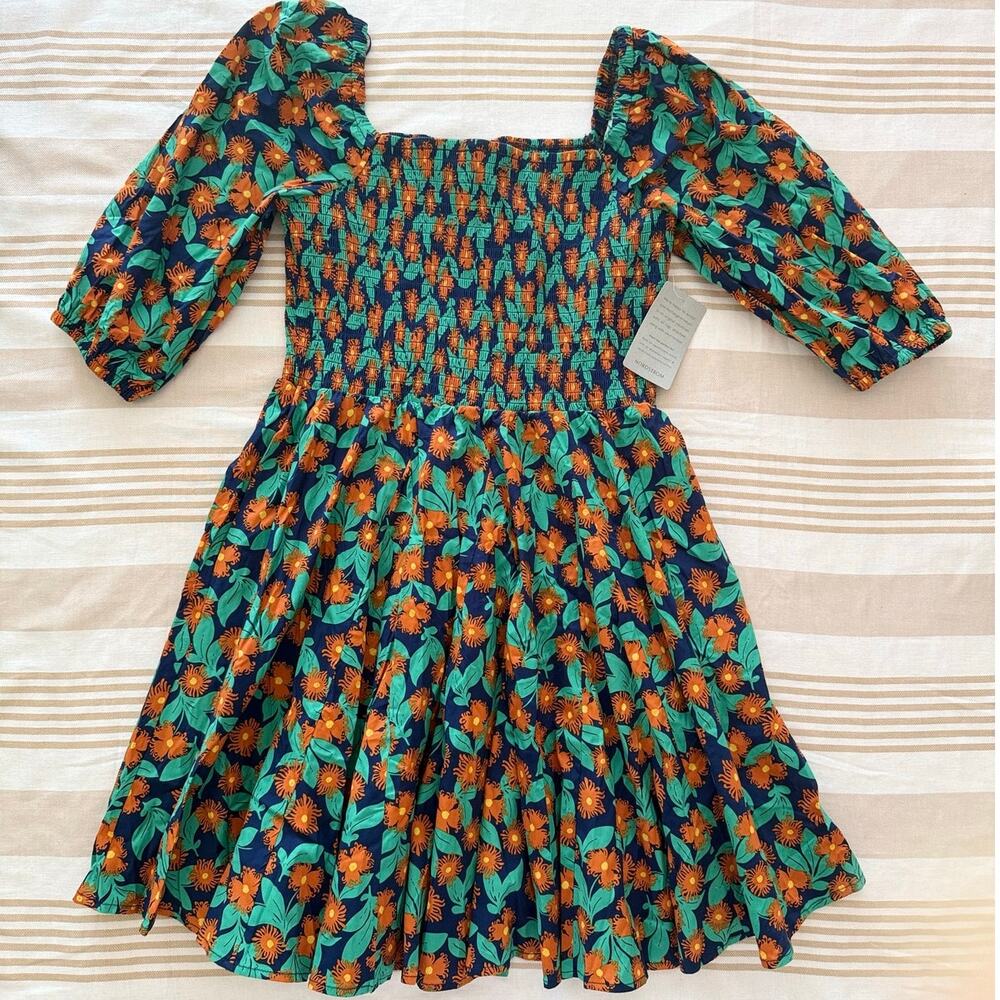 Melloday NWT | navy & green short sleeve smocked floral dress  | size small
